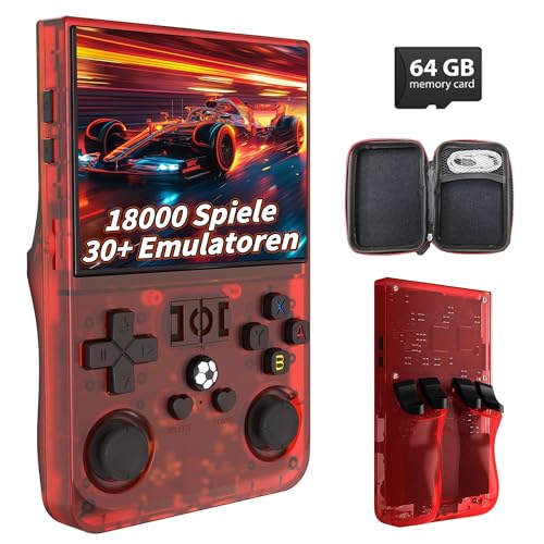 R36Pro Retro Spielkonsole 64GB, Tragbare Emulator Konsole mit 18000+ Videospielen 30+ Emulatoren, Linux System, 3,5 Zoll HD Bildschirm, WLAN Unterstützung, 7 Farbige Joysticks (Transparent Rot) von KINMRIS