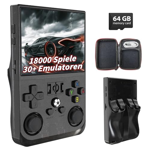 R36Pro Retro Spielkonsole 64GB, Tragbare Emulator Konsole mit 18000+ Videospielen 30+ Emulatoren, Linux System, 3,5 Zoll HD Bildschirm, WLAN Unterstützung, 7 Farbige Joysticks (Transparent Schwarz) von KINMRIS