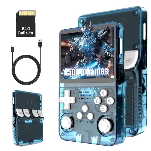 KINMRIS R36S Retro Handheld Spielkonsole, 64 G über 15000 Spiele, Retro Konsole 3,5-Zoll-IPS-Bildschirm, tragbare Spielkonsole für Kinder und Erwachsene, unterstützt mehrere Emulatoren (BLAUWEIß) von KINMRIS
