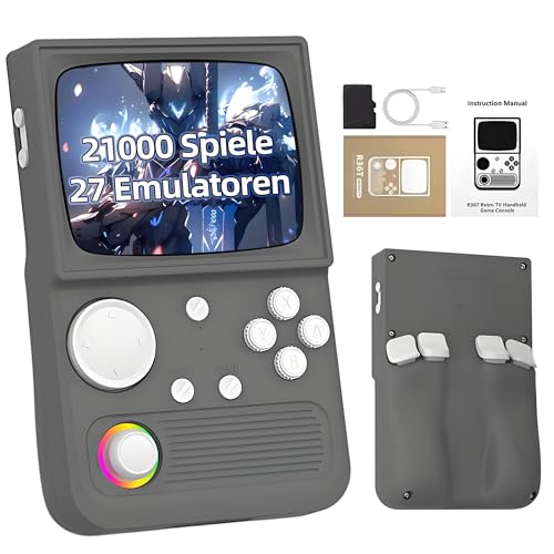 R36T Retro Spielkonsole 128G, Handheld Emulator Konsole mit Integrierten 21000+ Retro Spielen, 27 Emulatoren, Linux System, 3,5 Zoll IPS OCA Bildschirm, Unterstützt WLAN, 3D Joystick (Grau) von KINMRIS