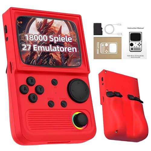 R36T Retro Spielkonsole 64G, Handheld Emulator Konsole mit Integrierten 18000+ Retro Spielen, 27 Emulatoren, Linux System, 3,5 Zoll IPS OCA Bildschirm, Unterstützt WLAN, 3D Joystick (Rot) von KINMRIS