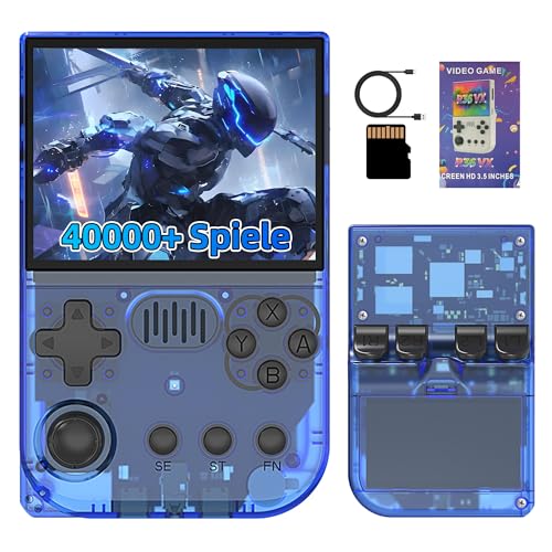 R36VX Retro Spiele Konsole 128GB, Handheld Emulator Konsole mit 40000+ Integrierten Retro Spielen 20+ Emulatoren, Arkos System, 3,5 Zoll HD Bildschirm, 3500mAh Akku, 3D Joysticks (Transparent Blau) von KINMRIS