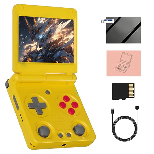 RG34XXSP Retro Handheld Spielkonsole 64G mit eingebauten 5490+ Retro Spielen, Tragbare Videospielkonsole Linux System, 3.4″ IPS Bildschirm,720*480,3D Dual Joystick (Gelb) von KINMRIS