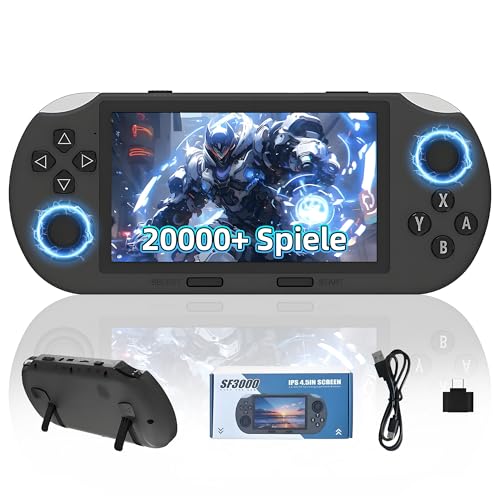 SF3000 Tragbare Retro Spielkonsole, Handheld Videospielkonsole mit 20000+ Retro Spielen, 14+ Emulatoren, 4,5 Zoll IPS HD Bildschirm, 854 x 480, unterstützt TV Ausgang, 3D Dual Joystick (64 GB, Grau) von KINMRIS