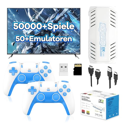 X10 Pro Retro Spielekonsole 128G, Spiel Stick mit 50000+ Integrierten Retro Spielen und 50+ Emulatoren, Plug and Play Video Emulator Spiel Stick mit 2 x 2,4G Kabelloser Controller für TV (Blau) von KINMRIS