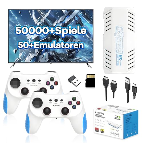 X10 Pro Retro Spielekonsole 128G, Spiel Stick mit 50000+ Integrierten Retro Spielen und 50+ Emulatoren, Plug and Play Video Emulator Spiel Stick mit 2 x 2,4G Kabelloser Controller für TV (Weiß) von KINMRIS