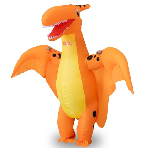 KINQUINN Aufblasbares Dinosaurier Kostüm für Erwachsene Blow Up Trex Kostüm Dino Aufblasbares Kostüm Orange Full Body für Halloween Party von KINQUINN
