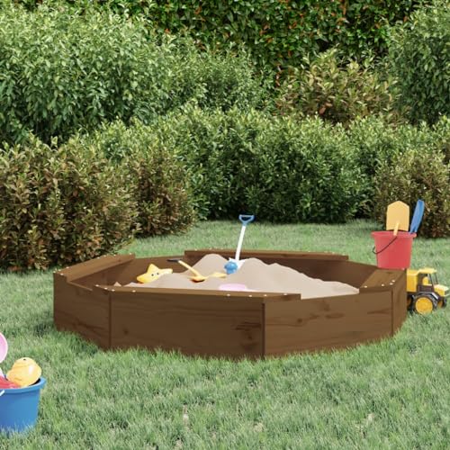 Holzsandkasten für Kinder, Sandkasten mit achteckigen Sitzen, massives Kiefernholz, Honigbraun, Sandkasten, Terrassentoilette, Kinder im Freien von KIPPOT