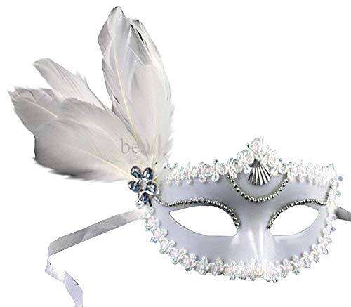 KIRALOVE Maske - venezianische originelle Geschenkidee weiße Farbe mit karnevalsfeder - Halloween von KIRALOVE