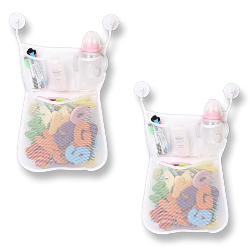 2 Stück Badewannen-Spielzeugnetz mit 4 Haken – Spielzeugnetz Badewanne Selbstklebender Badespielzeug-Organizer für Kinder (Weiß) – Netz Wanne Spielzeug Extra Stark & Wasserdicht von KIRVOS