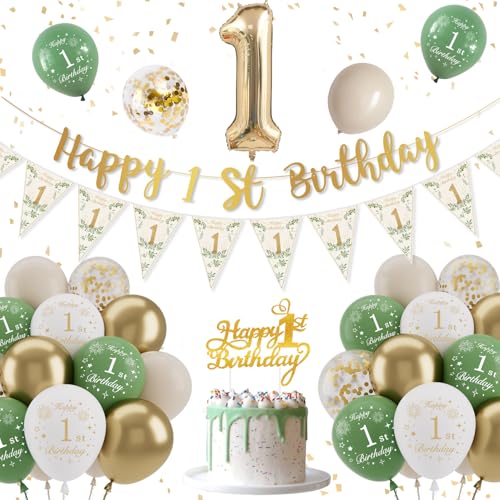 1 Geburtstagsdeko Junge Mädchen, Geburtstagsdeko 1 jahr, 1st Geburtstagsdeko Grün Gold mit Avocado Grün Luftballons, Wild One Geburtstagsdeko, Happy Birthday Banner für Kinder Deko von KISPATTI