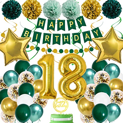 18. Geburtstag Deko Grün Gold - Dekoration für Junge, Mädchen, Frauen, Mann - Happy Birthday Banner, Luftballons, Konfetti von KISPATTI