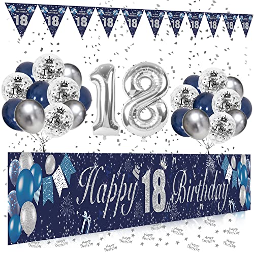 18 Geburtstag Dekoration Jungen Mädchen, Extra Lange 18. Geburtstag Banner (274 * 37cm) Blau Silber Happy Birthday Girlande 18 Geburtstag Dekoration Luftballons 18. Geburtstag Deko Jungen Mädchen von KISPATTI