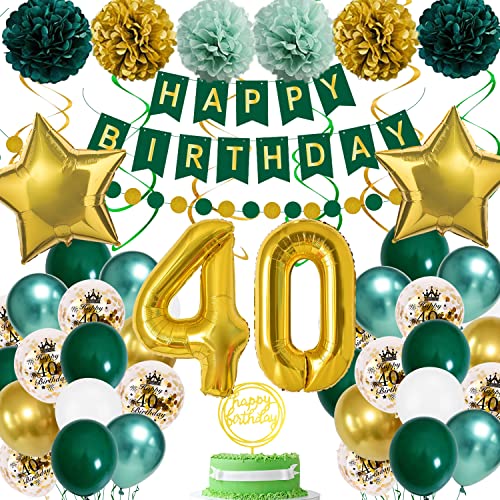 40. Geburtstag Deko für Frauen und Männer - Grün Gold Dekoration Set Mit Luftballons, Happy Birthday Banner und Konfetti von KISPATTI