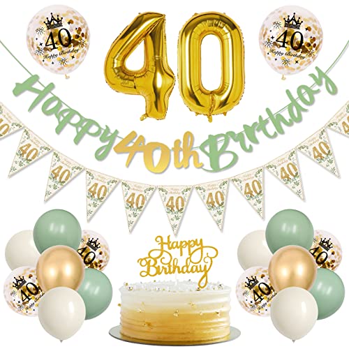 40 Geburtstagsdeko Frauen, Grün Gold Luftballon 40. Geburtstag Deko Mit Wimpelkette Banner, Geburtstagsdeko 40 Happy Birthday Banner für Frauen Mann 40. Geburtstagsdeko von KISPATTI
