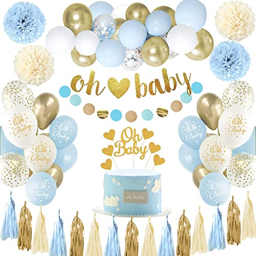 Baby Shower Deko Junge - Blau Weiß Dekoration Mit Oh Baby Banner, Luftballons Girlande für Babyparty von KISPATTI
