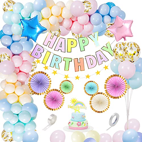 Pastell Geburtstagsdeko Mädchen, Geburtstag Deko Luftballons Mädchen, Geburtstag Dekoration Macaron Rose Blau Lila Luftballons mit Papierfächer für 1. 2. 3 .5 Mädchen Geburtstags Dekorationen von KISPATTI
