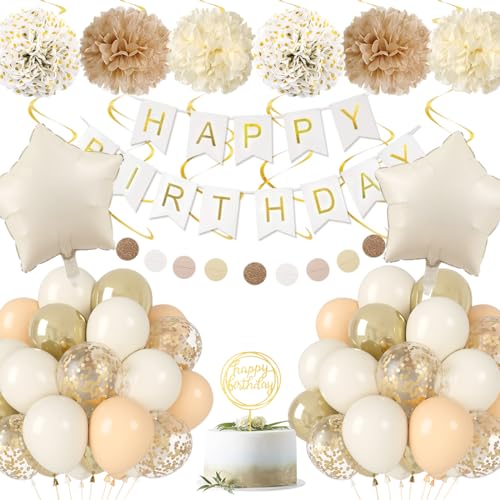 Geburtstagsdeko, Luftballons Geburtstag Set Sandweiß Gold Metallic Luftballons für Mädchen Jungen Frauen Männer mit Papierbommeln, Happy Birthday-Banner, Konfettiballons für Geburtstag Dekoration von KISPATTI