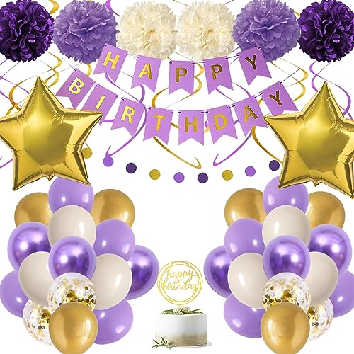 Geburtstagsdeko, Luftballons Geburtstags Set Lila Geburtstagsdeko Mädchen Frauen mit Metallic Lila Luftballons, Papierbommeln, Happy Birthday-Banner, Konfettiballons für Geburtstag Dekoration von KISPATTI