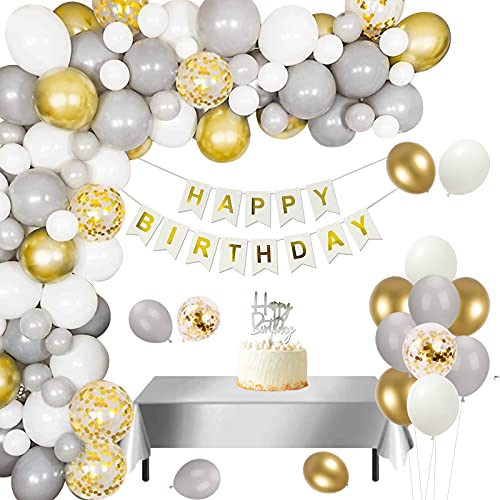 Geburtstagsdeko Luftballons 86 Stück Weiß Grau Gold - Konfetti Ballon, Alles Gute zum Geburtstag Banner, Silber Tischdecke, Cake Topper für Mädchen von KISPATTI