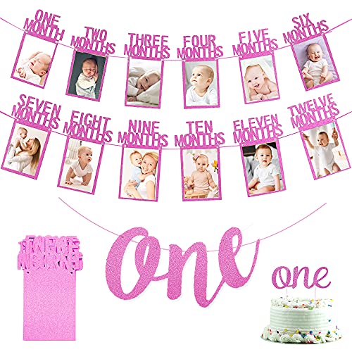 KISPATTI 1 Geburtstagsdeko, 1 Geburtstags Foto Banner Rosa 1 bis 12 Monate Foto Banner One Banner One Cake Topper für Jungen Mädchen Geburtstag Babyparty Partydekorationen von KISPATTI