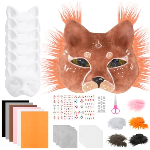 KISPATTI DIY Therian Mask, 6 Stück Katzenmaske zum Bemalen Mit für Kinder Erwachsene, Edelstein Aufkleber und Eye Mesh für Maskerade, Cosplay, Halloween, Karneval von KISPATTI