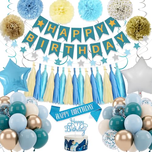 Geburtstagsdeko Blau, Deko Geburtstag Junge Mann, Blau Luftballons Kindergeburtstag Deko Mit Papier Pompons Folienballon für Geburtstag Party Dekoration von KISPATTI