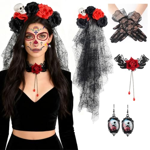 KISPATTI Halloween Tag der Toten Haarreif Schleier, Halloween Accessoires Damen, Gesicht Tattoos Halskette Spitzenhandschuhe Ohrringe für Dia De Los Muertos Kostüm Damen von KISPATTI