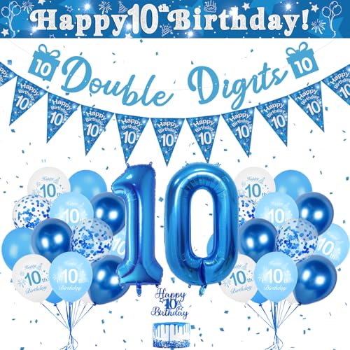 Luftballon 10. Geburtstag Blau, Geburtstagsdeko 10 Jahre Junge, 32 Zoll Luftballons Zahlen 10, Blau Ballon Deko Happy Birthday Banner Kindergeburtstag Deko von KISPATTI