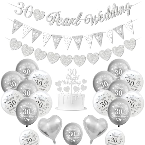 Perlen Hochzeit deko, 30 Hochzeitstag Dekorationen, 30 Perlen Hochzeitsbanner, Happy 30th Anniversary Luftballons silberweiße Luftballons Herzballons 30 Pearl Wedding tortenaufsatz von KISPATTI