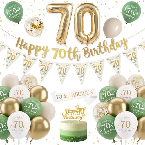 70. Geburtstag Mädchen, 70 Geburtstagsdeko Mädchen Frauen, Grün Gold Luftballon 70. Geburtstag Deko Mit Wimpelkette Banner, 70 Happy Birthday Banner für Frauen Mann von KISPATTI