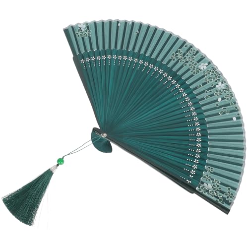 KITANDOVE Handfächer aus Faltbarer Vintage Fächer mit Blumenmuster für Tanz DIY und Dekoration Eleganter Chinesischer Handventilator Grün mit Weißen Kirschblüten von KITANDOVE