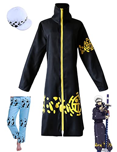 Anime Cosplay Kostüm Einteiliger Trafalgar Law Cloak Hut Chirurgen Uniform Outfits Halloween Party Unisex Overcoat (X-Large, Mantel + Hose + Hut) von KITAT
