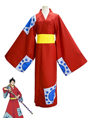Anime Cosplay Kostüm One Piece Monkey D. Luffy Japanische Kimono Uniform Outfits Halloween Party Unisex Overcoat Set (X-Large) von KITAT