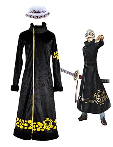 One Piece Trafalgar Law Cosplay Anime Kostüm Fleece Mantel mit Hut (3X-Large) von KITAT