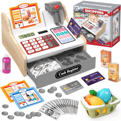 2025 Kasse Kinder Spielzeug aus Holz mit Scanner Rechnerfunktion, Elektronische Spielzeug Kaufladen Zubehör für Kinder, Kinderkasse Kaufladen Rollenspiel Geschenk für Jungen Mädchen ab 3 4 5 6 Jahren von KIZJORYA