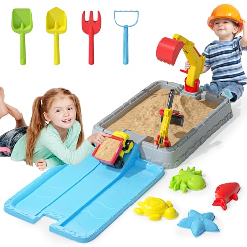 Sandkasten mit Deckel, Kinder-Bau-Sandkasten mit Bagger, Kran, Formen für sensorisches Spielen, Kleinkind, Outdoor-Indoor-Spielzeug für Jungen und Mädchen ab 3 Jahren, Blau von KIZJORYA