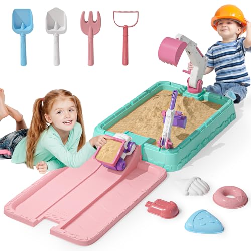 Sandkasten mit Deckel, Kinder-Bau-Sandkasten mit Bagger, Kran, Formen für sensorisches Spielen, Kleinkinder, Outdoor-Indoor-Spielzeug für Jungen und Mädchen ab 3 Jahren, Rosa von KIZJORYA