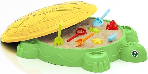 Schildkröten Sandkasten mit Abdeckung, Sandboxen Spielzeug Inklusive 8 PCS Sandschaufel Sandförmchen und Sandspielzeug Set, Sandspielzeug Gartenspielzeug für Kinder 1 2 3 4 5 Jahre Alt (Gelb) von KIZJORYA