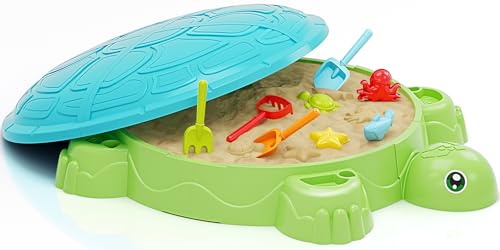 Schildkröten Sandkasten mit Abdeckung, Sandboxen Spielzeug Inklusive 8 PCS Sandschaufel Sandförmchen und Sandspielzeug Set, Sandspielzeug Gartenspielzeug für Kinder 1 2 3 4 5 Jahre Alt (Grün) von KIZJORYA