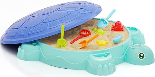 Schildkröten Sandkasten mit Abdeckung, Sandboxen Spielzeug Inklusive 8 PCS Sandschaufel Sandförmchen und Sandspielzeug Set, Sandspielzeug Gartenspielzeug für Kinder 2 3 4 5 6 7 Jahre Alt (Blau) von KIZJORYA