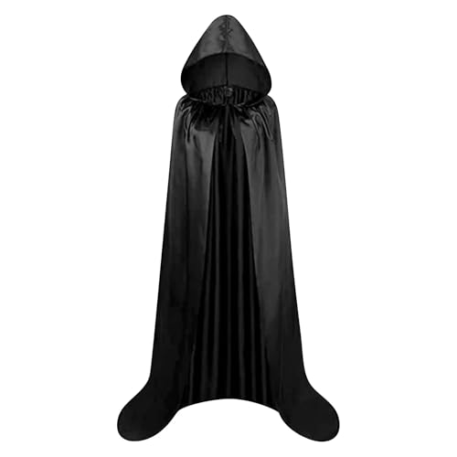 KJBDQQH Hexenkostüm Adult Satin Material Cloth Cape Stand-up Collar with Hood Black Cloak Halloween Costume(Black,130) von KJBDQQH