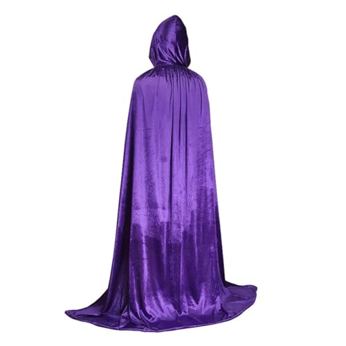 KJBDQQH Hexenkostüm Halloween Pleuche Velvet Cloak Cape Hooded Medieval Costume Witch Wicca Vampire(PURPLE,130cm) von KJBDQQH