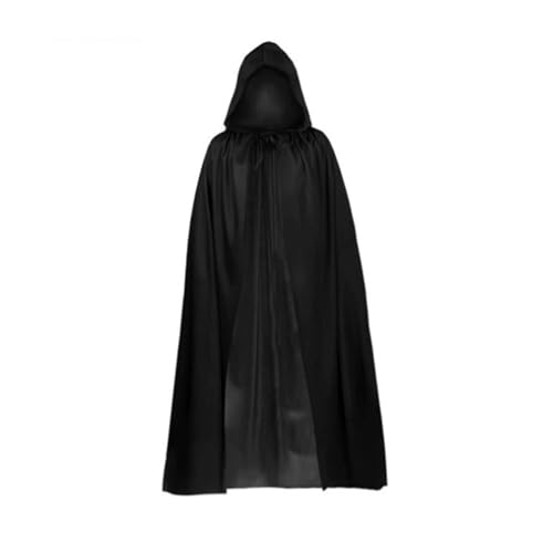 KJBDQQH Hexenkostüm Hood Cloak Cosplay Medieval Long Cape Halloween Party Women Men Adult Mage Witchcraft(Black,140cm) von KJBDQQH