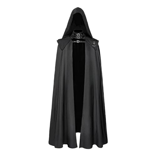 KJBDQQH Hexenkostüm Medieval Cloak Hooded Halloween Witch Gothic Buckled Stand Collar Leather Shoulder Knights(Black,S) von KJBDQQH