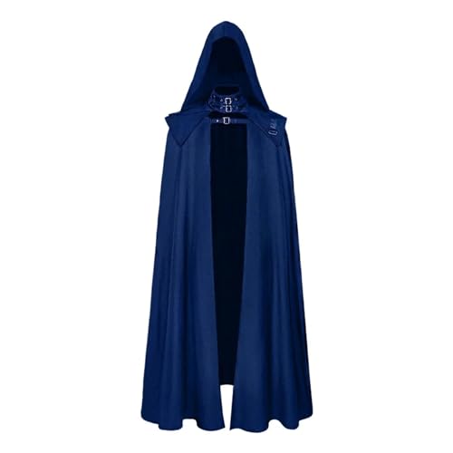 KJBDQQH Hexenkostüm Medieval Cloak Hooded Halloween Witch Gothic Buckled Stand Collar Leather Shoulder Knights(Blue,4XL) von KJBDQQH