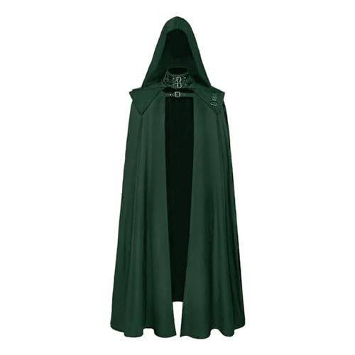 KJBDQQH Hexenkostüm Medieval Cloak Hooded Halloween Witch Gothic Buckled Stand Collar Leather Shoulder Knights(Green,S) von KJBDQQH
