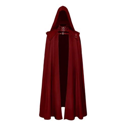 KJBDQQH Hexenkostüm Medieval Cloak Hooded Halloween Witch Gothic Buckled Stand Collar Leather Shoulder Knights(Red,5XL) von KJBDQQH