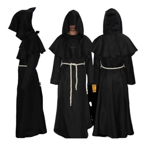 KJBDQQH Hexenkostüm Medieval Hooded Monk Costume Plague Doctor Cos Adult Men Halloween(Black,XXL_BLACK) von KJBDQQH