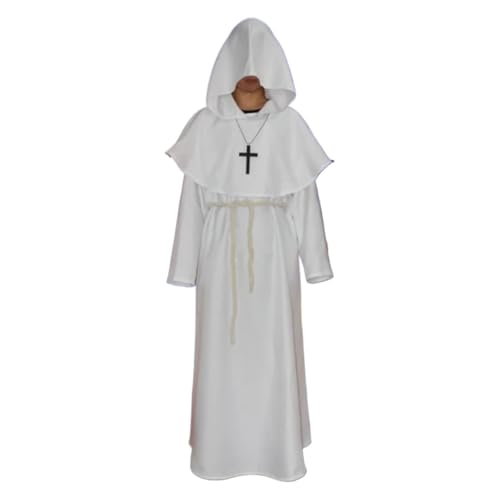 KJBDQQH Hexenkostüm Medieval Hooded Monk Costume Plague Doctor Cos Adult Men Halloween(WHITE,XXL_BLACK) von KJBDQQH